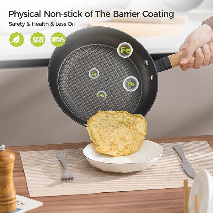 YUTANN 10" Pre-seasoned Cast Iron Skillet,Enameled Non-stick Frying Pan with Detachable Wooden Handle,Lightweight Non-toxic,Dishwasher Oven Safe (500°F)