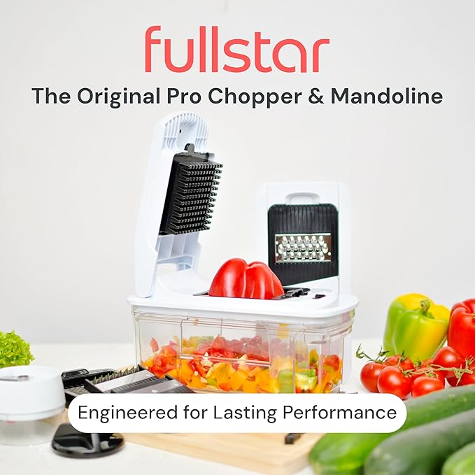 Fullstar All-in-1 Vegetable Chopper and Mandoline Slicer for Kitchen - Cheese Grater, French Fry Cutter, Cheese Slicer - Bonus Handheld Spiralizer Included (6 in 1, Stainless Steel)