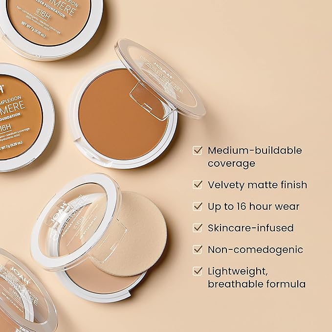 JOAH Perfect Complexion Cashmere Powder Foundation, Medium Face Coverage, Matte Finish, Korean Makeup, Compact Design For Oily & All Skin Types, 16 Hour Wear, Medium with Neutral Undertones-BrightBean Baby