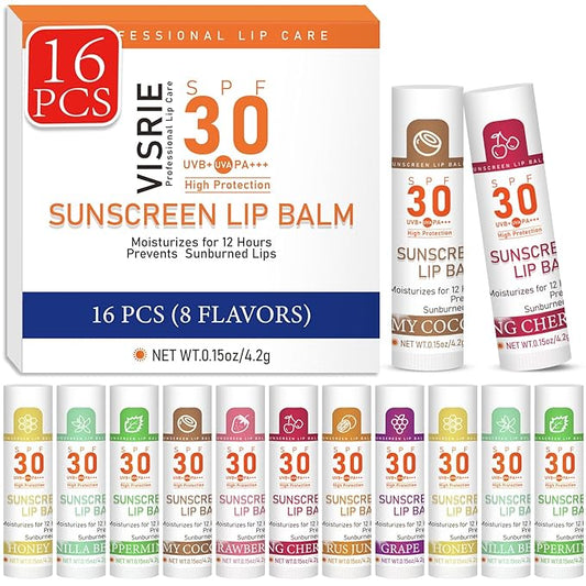 SPF 30 Lip Balm with Sunscreen, SPF Lip Balm Bulk Travel Size-16 Pack, Hydrating Lip Balm Pack with Vitamin E and Coconut Oil- 8 Flavors-BrightBean Baby