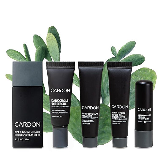 Cardon Jet Set Travel Sized Mens Skin Care Kit, Cactus Based Korean Skin Care Men, Includes SPF Sunscreen Moisturizer, Dark Circle Eye Rescue Cream, Clay Cleanser, 3-in-1 Hydro Gel, Lip Balm- Gift Set-BrightBean Baby