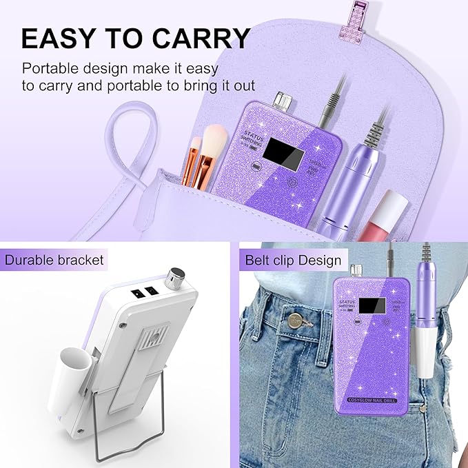 Professional Electric Nail Drill File:COSYGLOW Glitter Portable Cordless E-File Nail Drill Kit with 11 Drill Bits,30000 RPM Rechargeable Nail Drills Machine for Acrylic Nails Gel Polishing(Purple)-BrightBean Baby