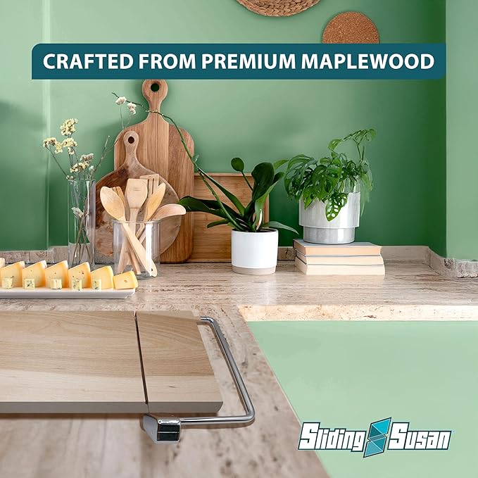 SlidingSusan Cheese Cutting Board - 11” Maple Wood with Silver Stainless Steel Slicer - Charcuterie Block for Hard & Soft Cheeses, Butter, Meat – Heavy Duty Handheld Kitchen Tool