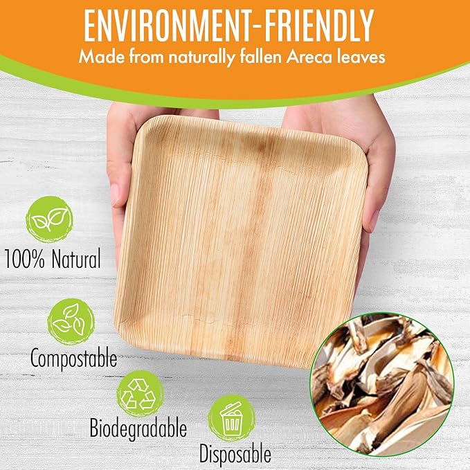 Raj Palm Leaf Plates Bulk [50-Pack] 10" & 7" Square Plates (20 CASES - 1000 PACK) like Bamboo plates Disposable, Strong, Decorative Compostable Tableware for weddings, Lunch, Dinners