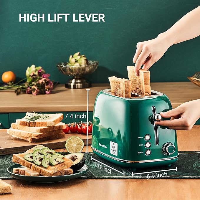Roter Mond 2 Slice Toaster Retro Stainless Steel with Bagel, Cancel, and Defrost Functions, 6 Bread Shade Settings, Extra Wide Slots and Removable Crumb Tray, Green