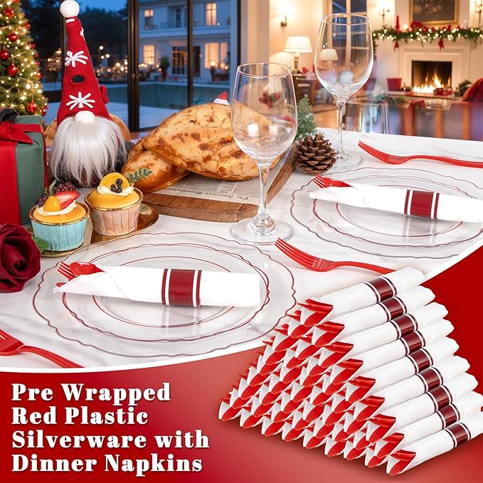 Liacere 400PCS Pre Rolled Red Silverware and Napkin - Disposable Red Plastic Utensils-Wrapped Plastic Cutlery Set with Napkin:100Forks,100Knives,100Spoons,100Napkins for Wedding＆Valentine＆Christmas