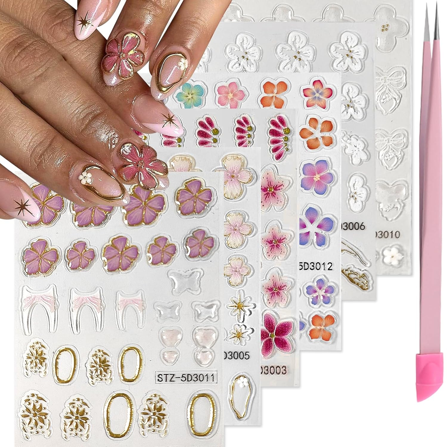 Flower Nail Art Stickers 5D Embossed Nail Decals Spring Summer Colorful Flower Nails Design Self-Adhesive 3D Accessories for Women Nails DIY Decoration(6 Sheets)-BrightBean Baby