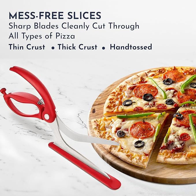 Loftern Red Pizza Scissors - Non-Stick Pizza Scissors with Firm Grip Base - Food Grade Stainless Steel Pizza Cutter - 5-in-1 Food Slicer & Pizza Server - Durable, Safe & Mess Free
