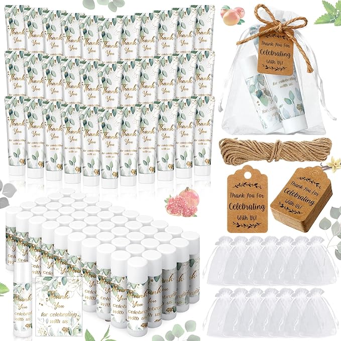 200 Pcs Baby Shower Wedding Party Favors Gift Set, 50 Pcs Baby Shower Hand Cream and 50 Lip Balm for Wedding Bridesmaid Guests Gift Supplies with 50 Organza Bag 50 Thank You Tag(Eucalyptus)-BrightBean Baby