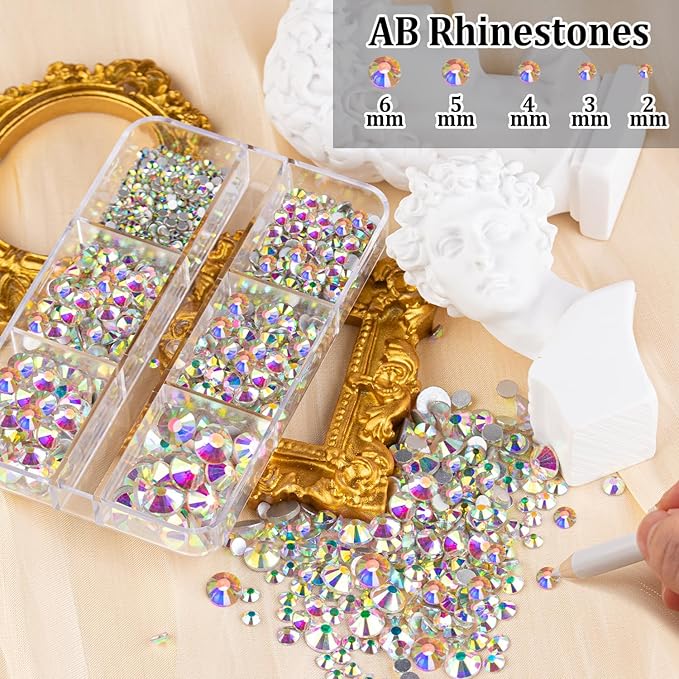 Colorful Face Gems for Makeup Set, Flatback Gorgeous AB+Clear+Mixed-Colored Glass Gems with Picker Pencil, Makeup Glue, Dual-End Dotting Tool and Tweezer for Eye Body Hair Make-up and Nail Art Deco-BrightBean Baby