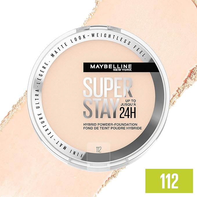 Maybelline Super Stay Up to 24HR Hybrid Powder-Foundation, Medium-to-Full Coverage Makeup, Matte Finish, 112, 1 Count-BrightBean Baby