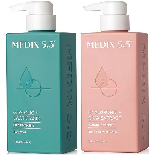 Medix 5.5 Exfoliating AHA Glycolic Acid Face & Body Scrub Cleanser + Hyaluronic Acid Moisturizing Body Cream Lotion Skin Care 2PC Set | Alpha Hydroxy Acid & Lactic Acid Foaming Body Wash & Face Wash-BrightBean Baby
