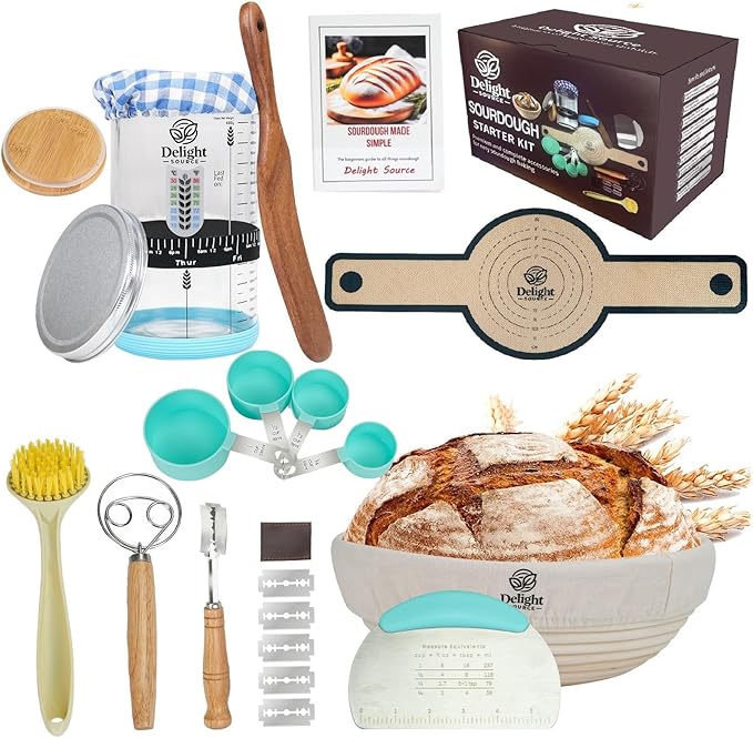 Complete Sourdough Starter Kit with 9" Rattan Banneton & 40oz Glass Jar - Bread Baking Supplies Set Includes Dough Whisk, Lame, Acacia Wood Spatula - Gift Set by Delight Source