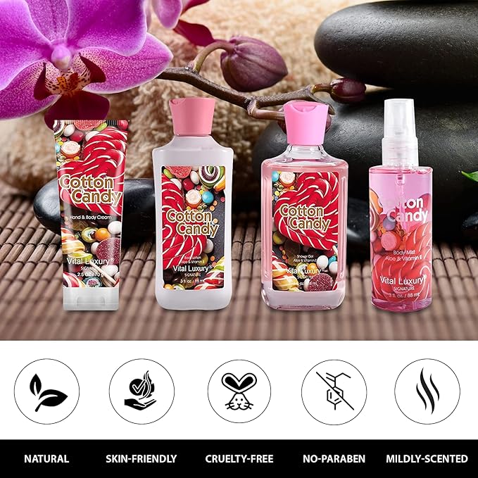Cotton Candy Bath & Body Kit, 3 Fl Oz, Ideal Skincare Gift Home Spa Set, Includes Body Lotion, Shower Gel, Body Cream, and Fragrance Mist, Birthday Mother's Day Gifts-BrightBean Baby