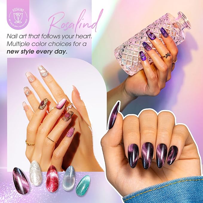 ROSALIND Cateye Gel Polish, 8 Colors Holographic Magnetic Cat Eye Gel Nail Polish Set with Magnet, Red Blue Purple Black Gel Polish Galaxy Collection Nail Art Gift DIY at Home-BrightBean Baby