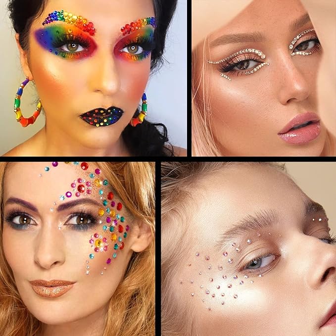 Flat Back Rhinestone Kits Colorful Rhinestones+Crystal AB&Transparent White Face Gems with Quick Dry Makeup Glue+Picker Pencil+Tweezer for Face Makeup and Nail Art-BrightBean Baby