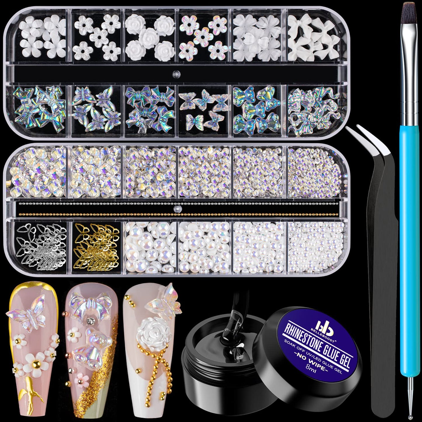 Mixed 3D Nail Art Gem Decoration Accessories Kit #4, Aurora Bear Bow Butterfly Starry AB Rhinestone Charm Jewelry for Deco, Pearl Flower Caviar Bead Stone Crystal with Dual-End Brush and Tweezer-BrightBean Baby