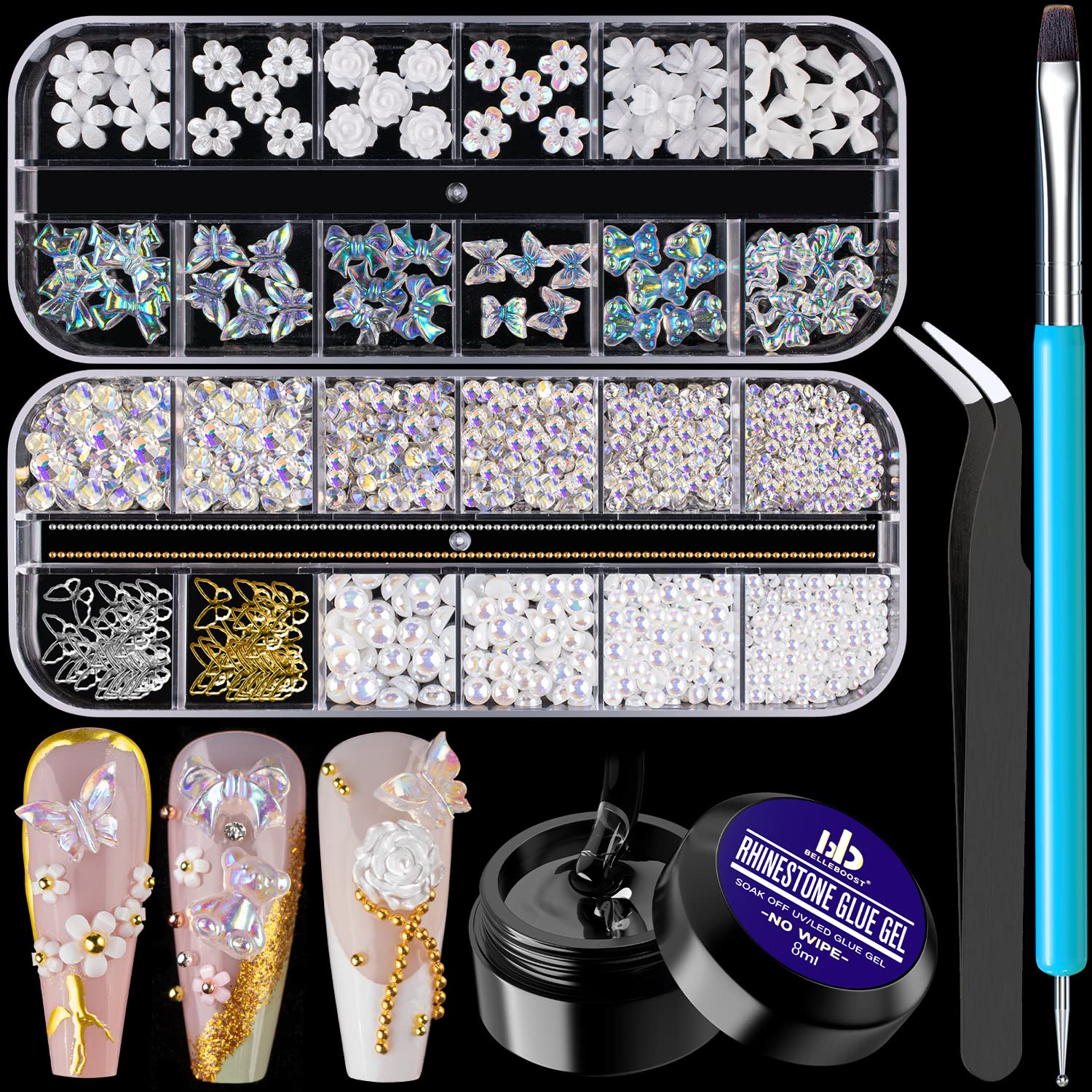 Mixed 3D Nail Art Gem Decoration Accessories Kit #4, Aurora Bear Bow Butterfly Starry AB Rhinestone Charm Jewelry for Deco, Pearl Flower Caviar Bead Stone Crystal with Dual-End Brush and Tweezer-BrightBean Baby