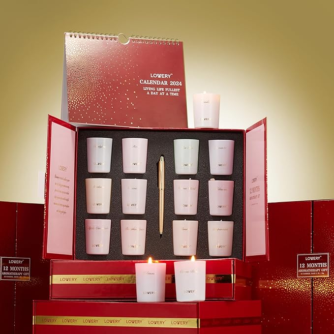 Womens Gifts, Candle Gifts for Women with 2024 Wall Calendar, 12 Unique Scented Aromatherapy Soy Candles & Gold Pen, 12 Month Advent Calendar, Home Candle Birthday Gift Set for Women & Men-BrightBean Baby