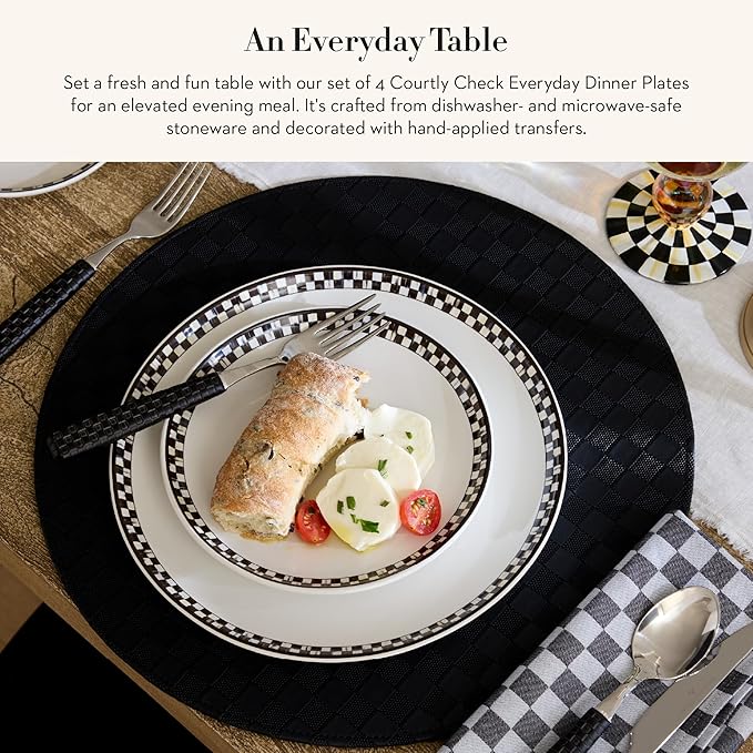 MACKENZIE-CHILDS Set of 4 Everyday Dinner Plates, Dishwasher- and Microwave-Safe, 10 Inches, Black-and-White Courtly Check