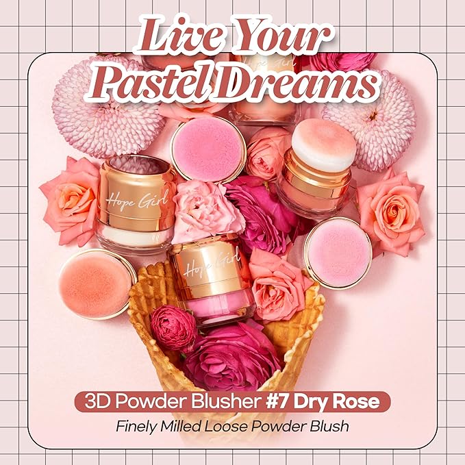Hope Girl 3D Powder Blusher 0.17oz | Skin-Loving Korean Mini Blush for Cheeks and Eye Makeup w/Allantoin | K Beauty Cool Toned Vibrant Sunkissed Fine Powder Makeup Blush Cosmetics (#07 Dry Rose)-BrightBean Baby