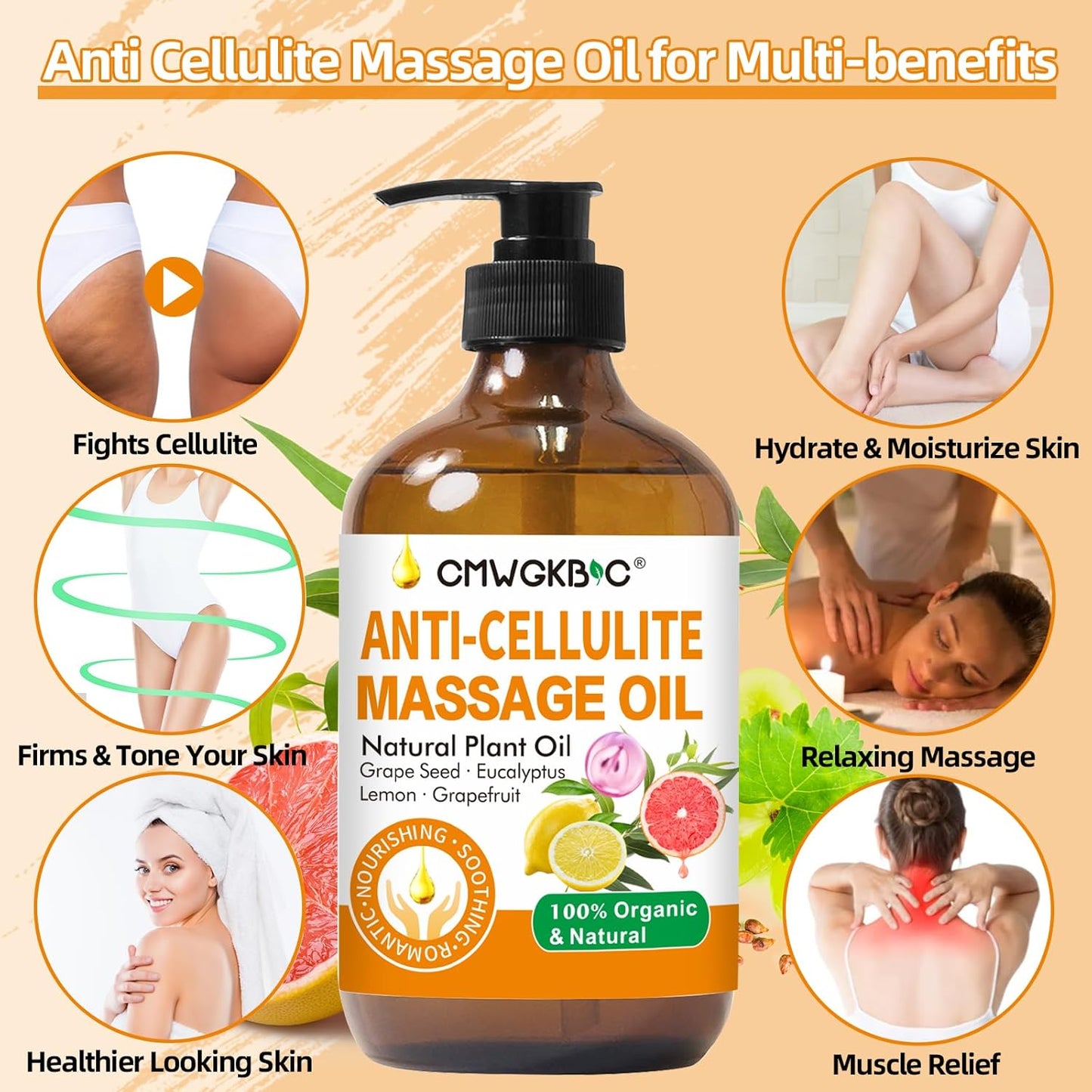 Anti Cellulite Oil Massage Oil for Massage Therapy,Body Oil for Skin Tightening & Cellulite Remover in Thighs and Butt,Cellulite Treatment Massage Oil,Assists with Firming,Toning & Moisturizes Skin-BrightBean Baby