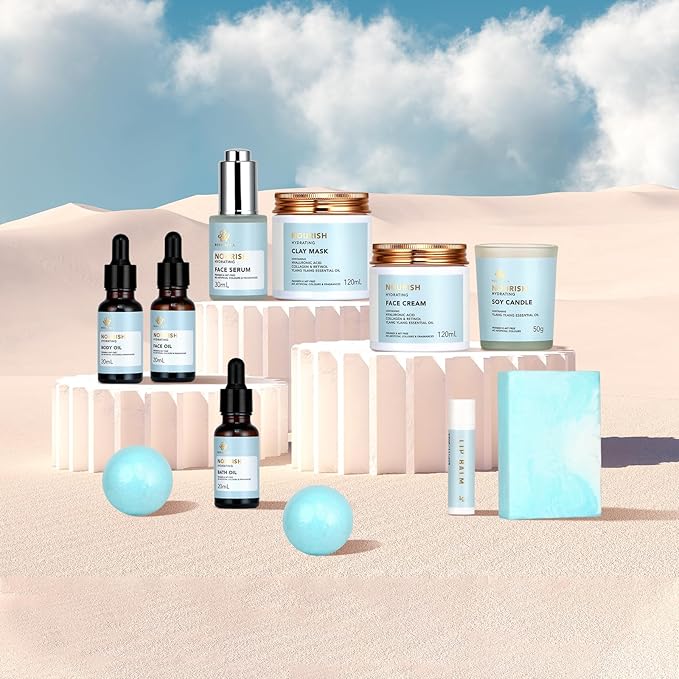 Spa Gift Set, 28pcs Ylang Facial Skin Care Set includes Face Cream, Bath Oil, Serum, Shower Accessories, Clay Mask. Bath & Body Set, Body & Facial Kit for Women & Men, Birthday, Christmas, Dad, Mom-BrightBean Baby