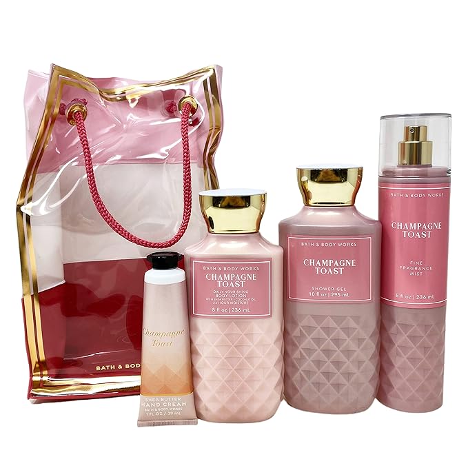 Bath and Body Works CHAMPAGNE TOAST Gift Bag Set - Body lotion - Shower Gel and Fine Fragrance Mist Plus a Shea Butter Hand Cream arranged inside a transparent gift bag-BrightBean Baby