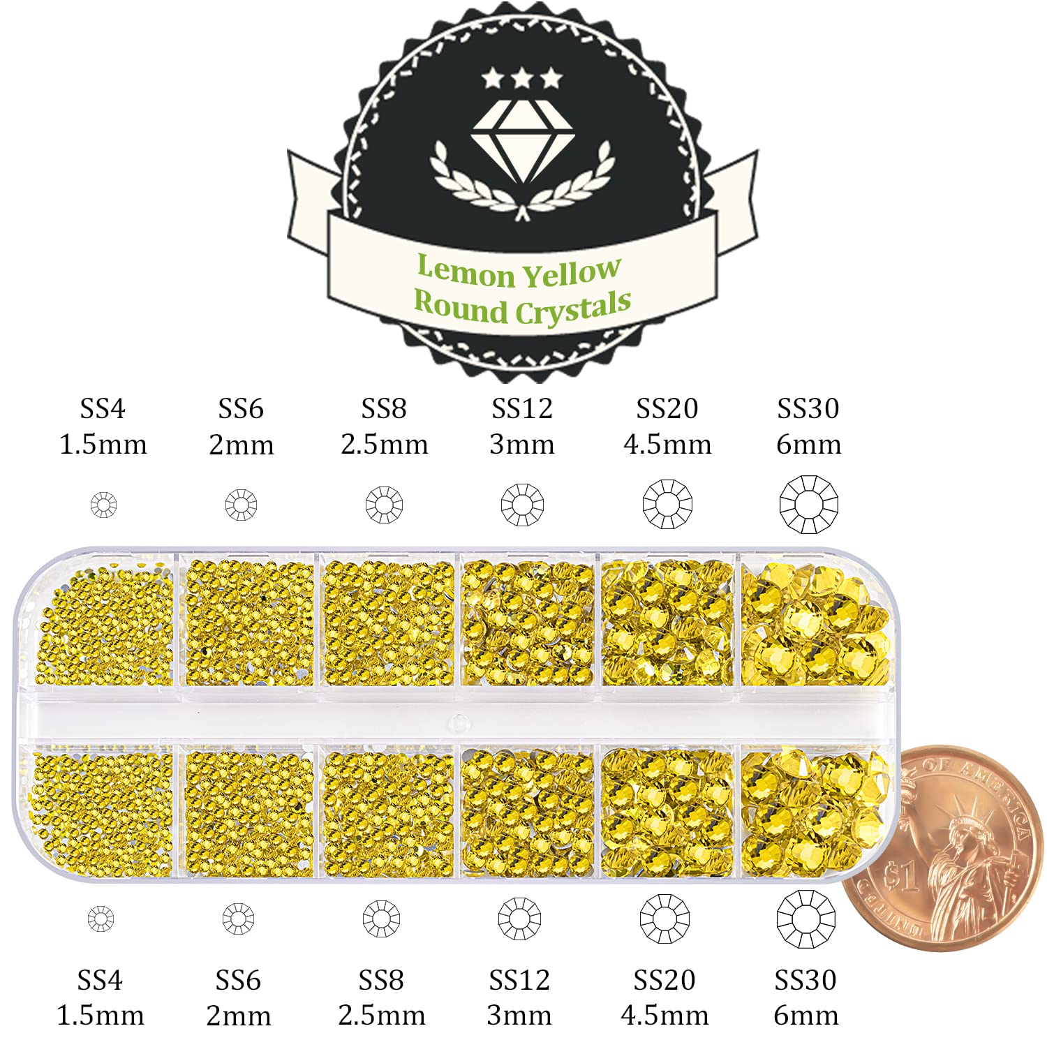 One Pack 2000 Pcs of Flatback Round Lemon Yellow Rhinestones 6 Sizes (1.5-6 mm) with Nail Art Rhinestone Picker Pencil and Tweezer for DIY and Salon Use-BrightBean Baby