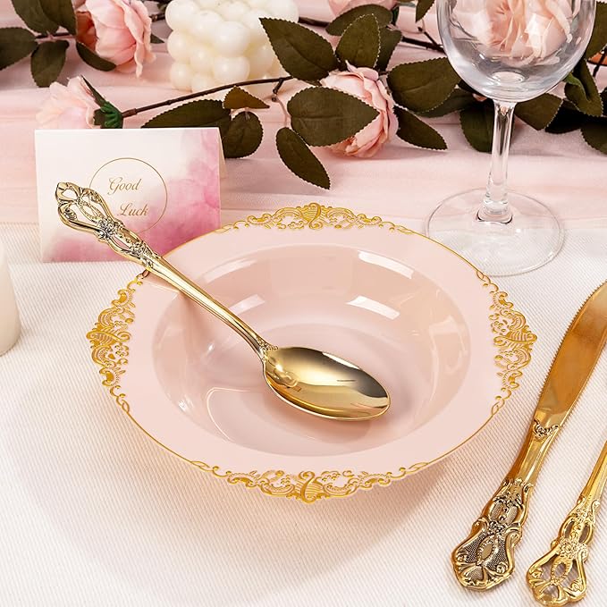 100PCS Pink Plastic Bowls - 12 oz Pink Gold Disposable Salad Bowls - Heavy Duty Disposable Soup Bowl - Fancy Plastic Ice Cream Bowl for Weddings Parties Dinners Picnics