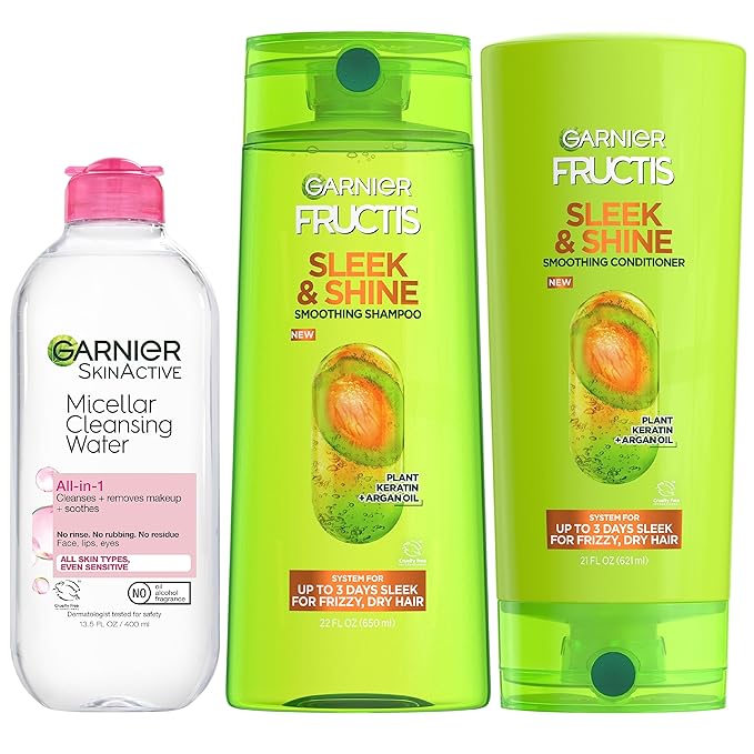 Garnier Back to School Bundle|Micellar Water (400mL) + Fructis Sleek & Shine Shampoo (22 Fl Oz), Conditioner (21 Fl Oz) (3 Items), 1 Kit (Packaging May Vary)-BrightBean Baby