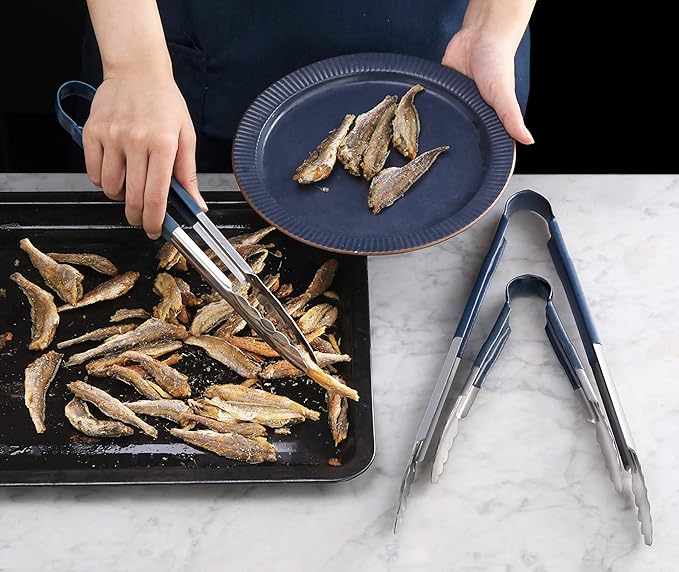 New Star Foodservice 534583 9-Inch Utility Spring Tongs, Stainless Steel, Vinyl Coated, Set of 12, Blue