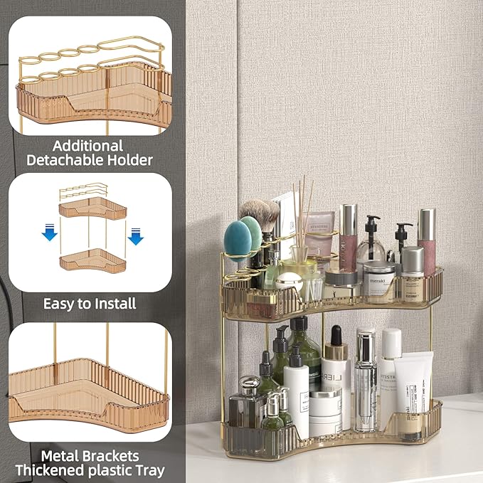 Corner Bathroom Counter Organizer with Top Toothbrush Holders, 2-Tier Make Up Organizers for Vanity with Brush Holder, Corner Storage for Bathroom, Kitchen, Dresser-BrightBean Baby