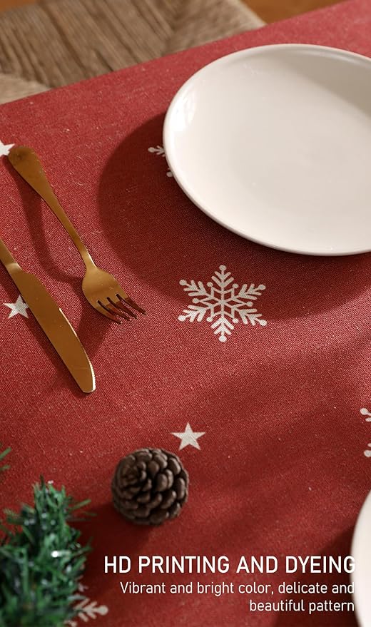 ISAENNE Designer Christmas Red Rectangular Tablecloth,Linen Table Cloth with Snowflakes Pattern,Wrinkle Resistant Decor Tablecloths for Dining Kitchen Thanksgiving Christmas,55"*87"-Carol C