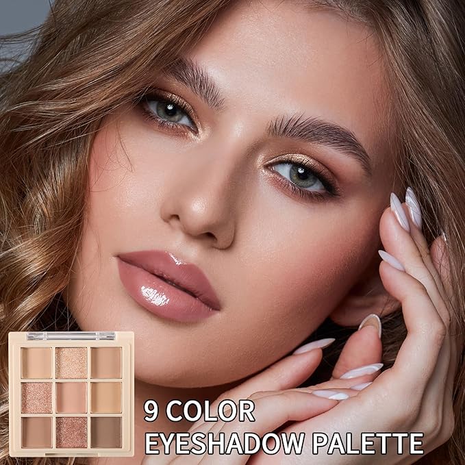Erinde 9 Colors Eyeshadow Palette, Matte Shimmer Glitter Eye Shadow Makeup Palette, Highly Pigmented Long Lasting Waterproof, Natural Neutral Nude Eyeshadow Makeup Pallet, Milk Latte Color-BrightBean Baby