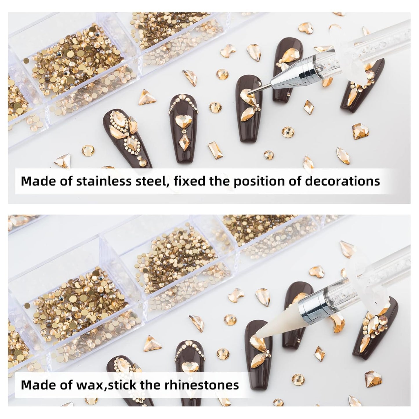 Nail Rhinestones Kit, Nail Art Decorations with Wax Pencil Flat AB Rhinestones Kit DIY Crafts Gemstones for Nail, Shoes, Clothes, Jewels (600 Champagne diamonds + 2500 flat rhinestones)-BrightBean Baby