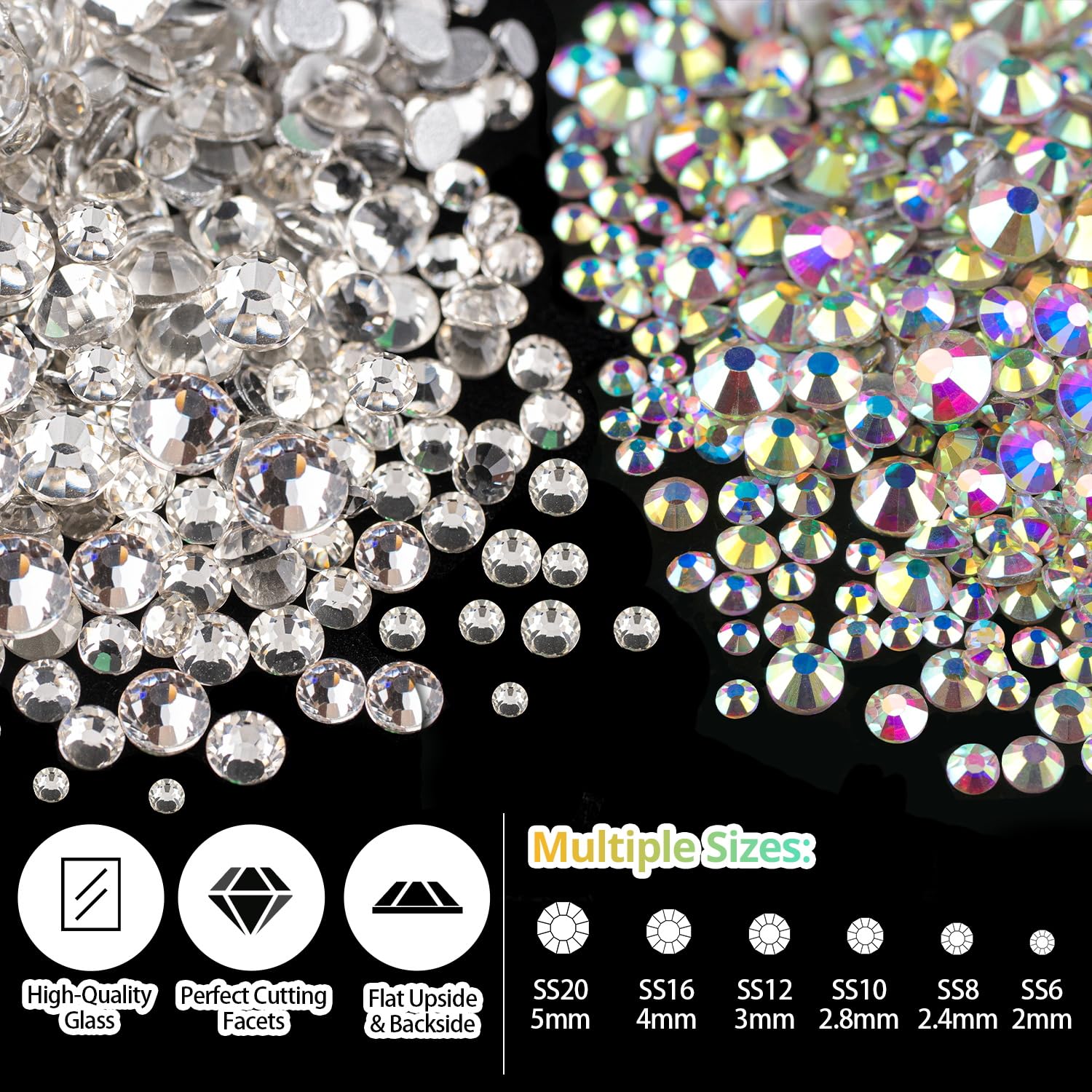 Rhinestones for Nails, Manicure Gem, Flat Back Glass Crystal AB & Transparent Clear + Mixed Color Iridescent Chameleon Gemstones, 2-5mm Round Gems for Nail Art Decor with Pickup & Dotting Tools-BrightBean Baby