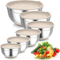TeamFar Khaki Mixing Bowls, 6-Piece Stainless Steel Nesting Salad Bowls with Lid Set for Prepping Baking, Non-Toxic & Stackable, Air-Tight Lid & Non Slip Bottom, 4.6/2.6/2/1.5/1 / 0.7 QT