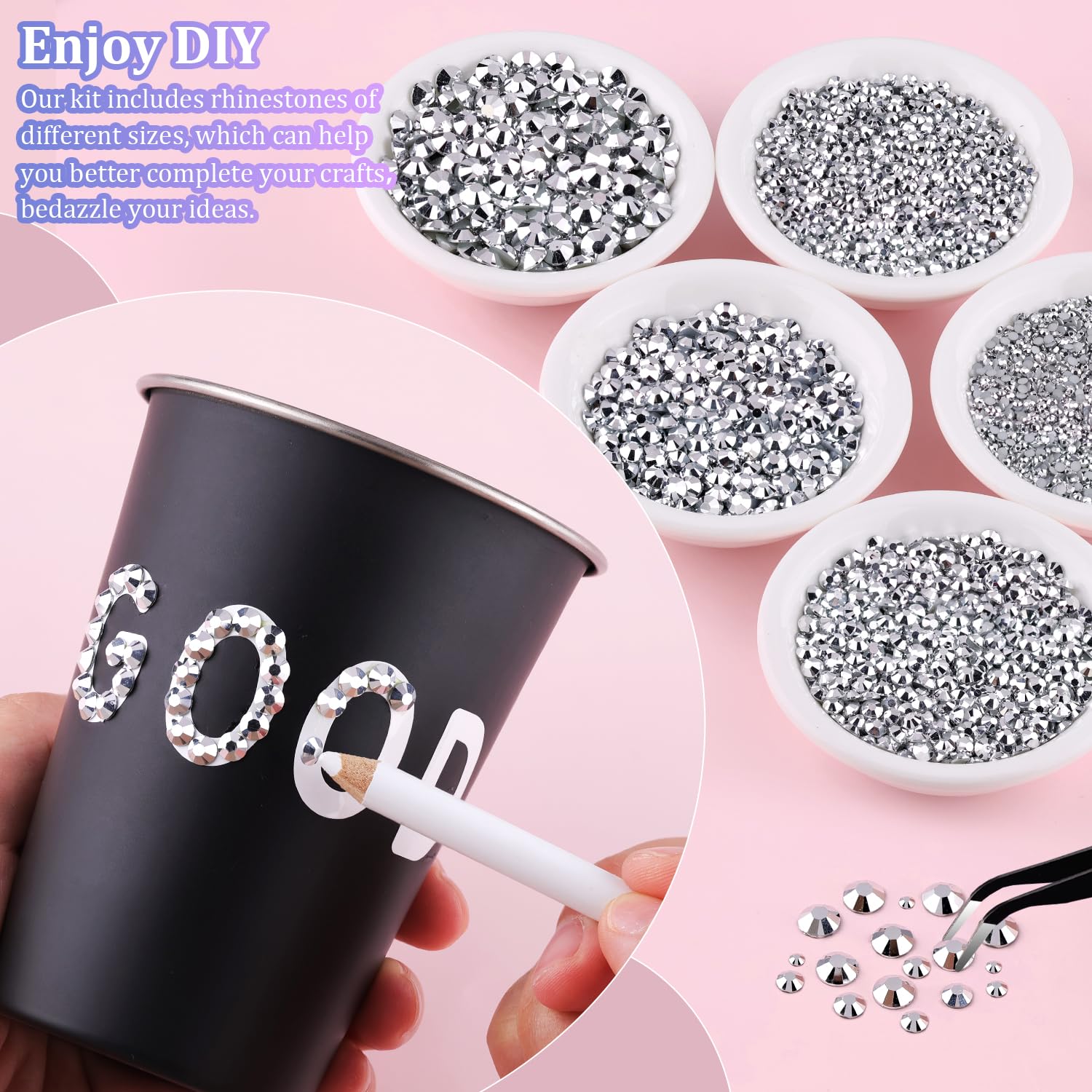 25000Pcs Resin Rhinestones with Tweezers for Crafting, Silver 2-6mm Mixed Sizes Non Hotfix Flatback Gems, Bedazzling Crystal for DIY Craft Clothing Mugs Tumblers Shoes Fabric Decor Nail Art-BrightBean Baby