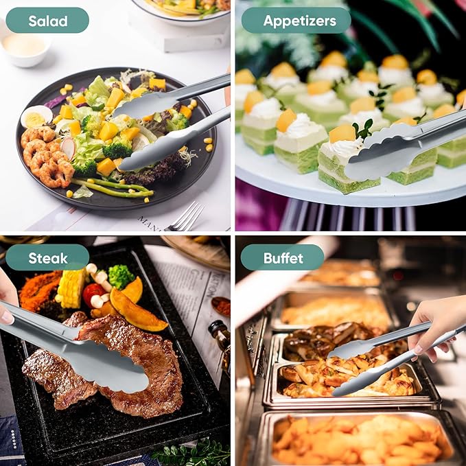 12 Pieces Buffet Tongs 7'' Serving Tongs Heavy Duty Stainless steel Kitchen and BBQ Utility Tong (Silver, 7inch)