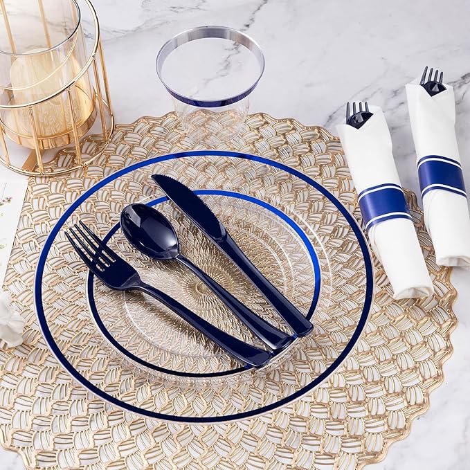 Goodluck 175 Piece Dark Blue Plastic Dinnerware Set for Party, Clear Disposable Plates for 25 Guests, Include: 25 Dinner Plates, 25 Dessert Plates, 25 Pre Rolled Napkins with Cutlery Set, 25 Cups