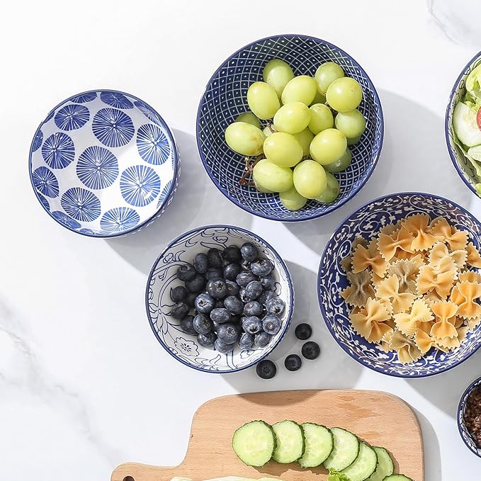 Selamica Ceramic 12 OZ Dessert Bowls Set, Ice Cream Bowls, 4.7 Inch Small Bowls for Snack, Side Dishes, Rice, Microwave Dishwasher Safe, Set of 6, Vintage Blue