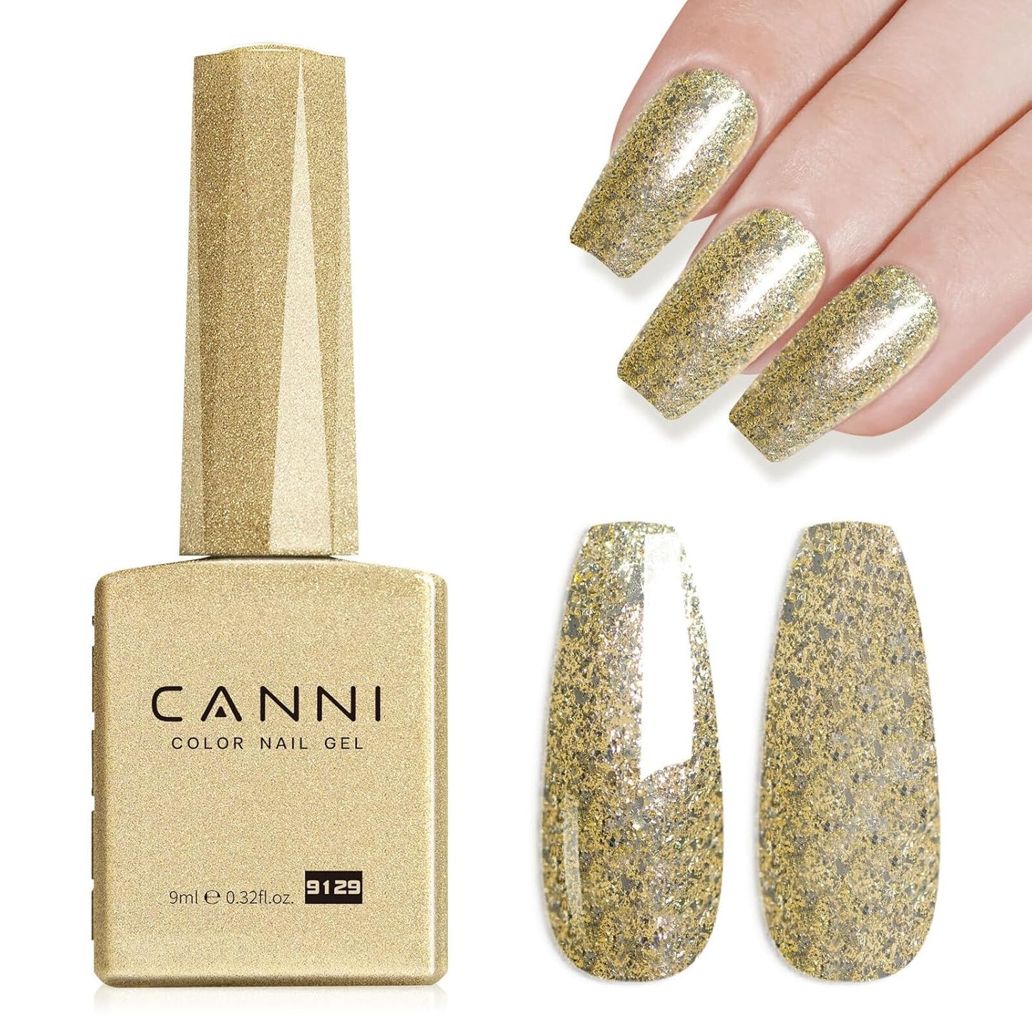 CANNI Gold Glitter Gel Polish – 9ML Chunky Sparkly Soak-Off UV/LED Nail Gel, Golden Flakes Finish for DIY Manicure, French Tips, or Salon Use-BrightBean Baby