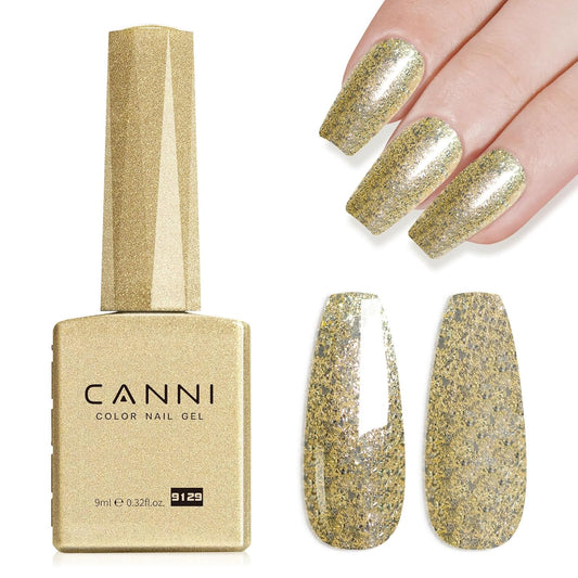 CANNI Gold Glitter Gel Polish – 9ML Chunky Sparkly Soak-Off UV/LED Nail Gel, Golden Flakes Finish for DIY Manicure, French Tips, or Salon Use-BrightBean Baby