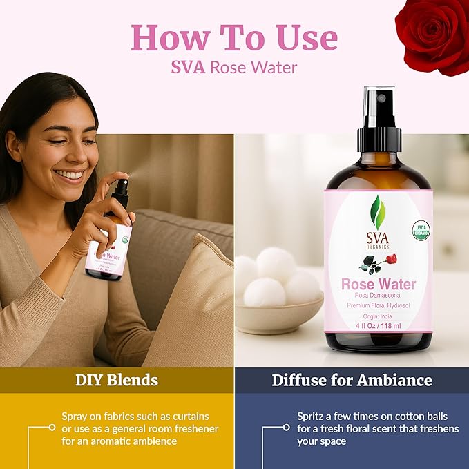 SVA ORGANICS Rose Water 4oz (118 ml) Refreshing Rose Water Spray for Skin Care, Skin Hydration, Bath, Soaps, Haircare & Aromatherapy-BrightBean Baby