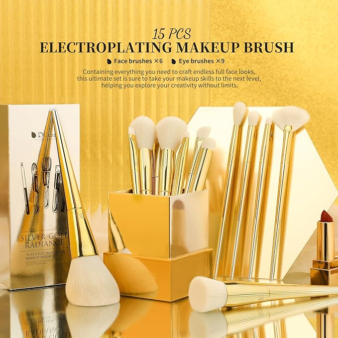 DUcare Makeup Brushes 15Pcs Makeup Brush Set with Holder Premium Synthetic Powder Foundation Contour Blush Concealer Eye Shadow Blending Liner Make Up Brush Kit gold-silver-BrightBean Baby