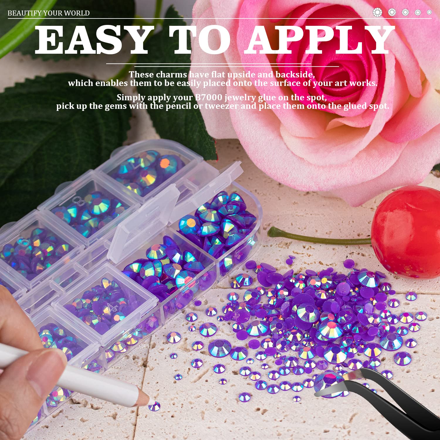 7000PCS Resin Rhinestones with Tweezers for Crafting, 2/3/4/5/6mm Flatback Jelly Rhinestones, 4 Box Dark Purple AB Non Hotfix Crystal Gems for DIY Crafts Mugs Tumblers Clothes Makeup Nail-BrightBean Baby