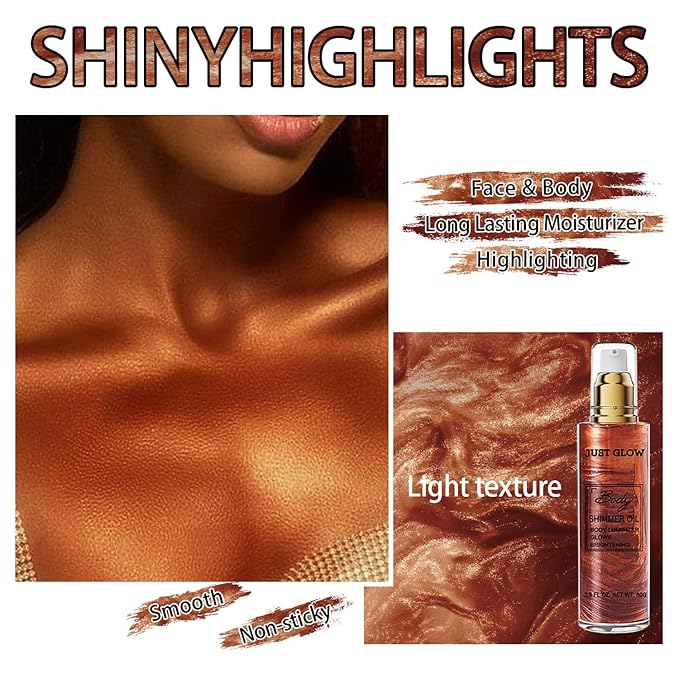 Shimmer Body Oil, Face and Body Liquid Luminizer Waterproof Moisturizing, Light Shimmer Glow Illuminator, Smooth Body Highlighter Makeup Liquid Body Shimmer (3# Bronze Gold)-BrightBean Baby