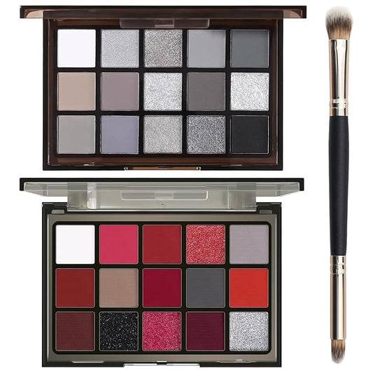 UCANBE 2pcs Halloween Eyeshadow Palette Makeup Set, Black Red Colors Shimmer Matte Metallic Smokey Dark Eye Shadow Pallet with Soft Brush Kit, Goth Eye Make Up for Costume Joker Clown Vampire-BrightBean Baby