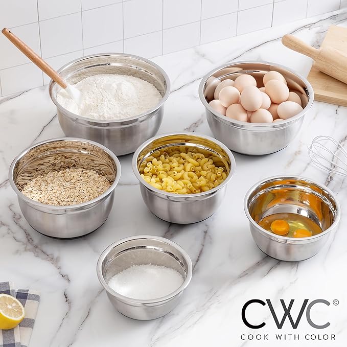 COOK WITH COLOR Stainless Steel Mixing Bowls Set with Lids - Nesting Bowls with Non-Slip Bottom, Black, 12 Pieces